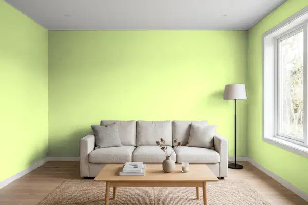 Living room with walls painted Benjamin Moore Tasty Apple 416 (simulated)