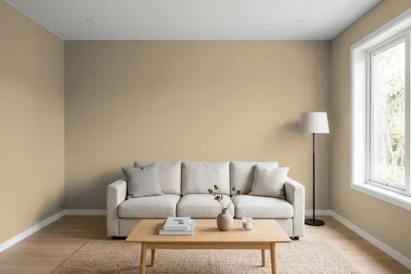 Living room with walls painted Behr Tatami Mat UL190-19 (simulated)