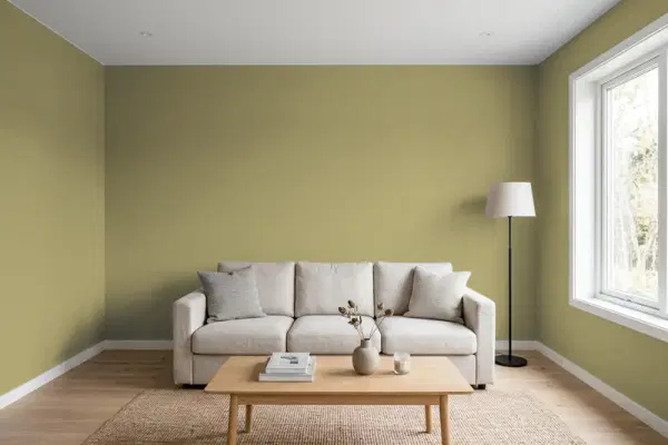 Living room with walls painted Behr Tate Olive 390F-6 (simulated)