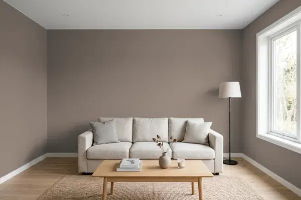 Living room with walls painted PPG Paints Tattle Tail 1019-6 (simulated)