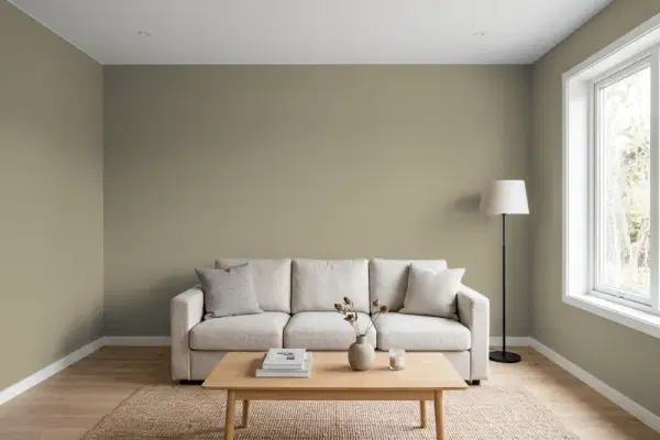 Living room with walls painted Benjamin Moore Tavern Gray CW-40 (simulated)