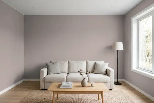Living room with walls painted Behr Tavern Taupe N140-4 (simulated)