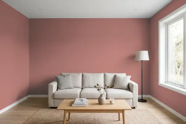 Living room with walls painted Benjamin Moore Tea Room AF-270 (simulated)