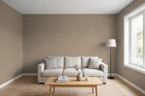 Living room with walls painted Sherwin-Williams Teakwood SW 9619 (simulated)
