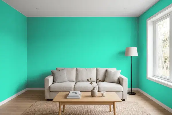 Living room with walls painted Benjamin Moore Teal Blast 2039-40 (simulated)