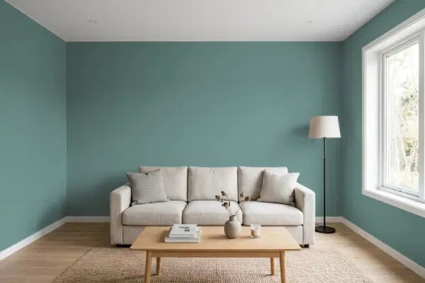Living room with walls painted Sherwin-Williams Teal Stencil SW 0018 (simulated)