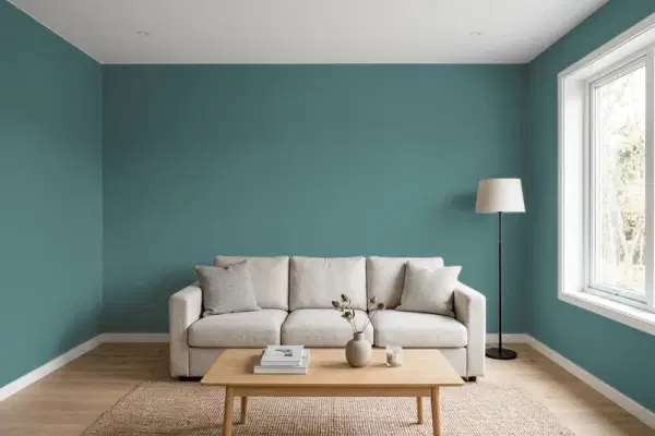 Living room with walls painted Behr Tealish S440-6 (simulated)