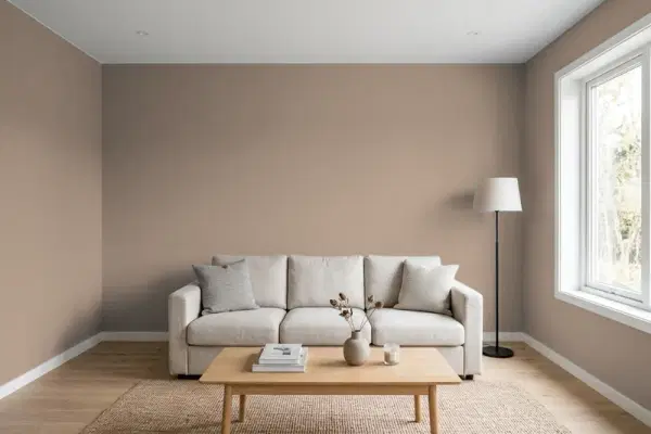 Living room with walls painted Valspar Tempered Allspice 2006-9C (simulated)