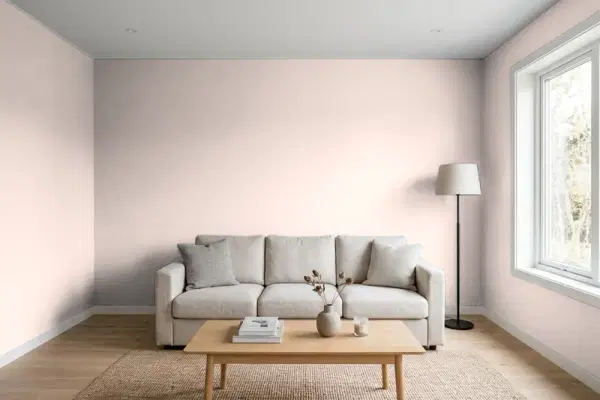 Living room with walls painted Valspar Tender Shell 1006-10C (simulated)
