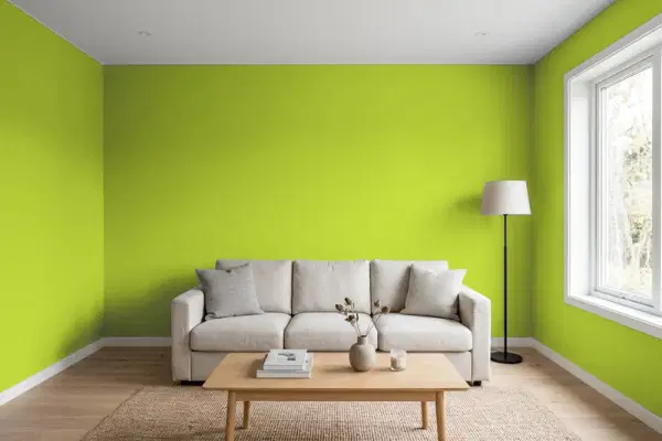 Living room with walls painted Benjamin Moore Tequila Lime 2028-30 (simulated)