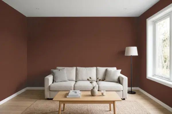 Living room with walls painted Sherwin-Williams Terra Brun SW 6048 (simulated)