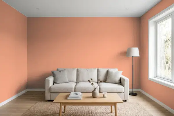 Living room with walls painted Behr Terra Cotta Clay M200-5 (simulated)