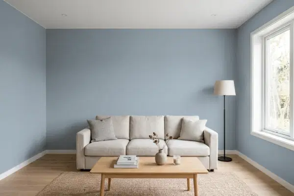 Living room with walls painted Behr Teton Blue N490-4 (simulated)
