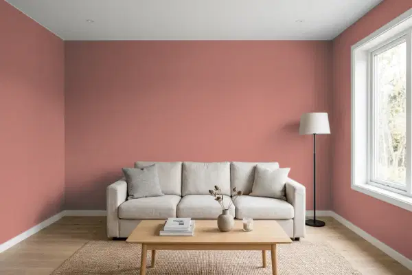 Living room with walls painted Benjamin Moore Texas Rose 2092-40 (simulated)