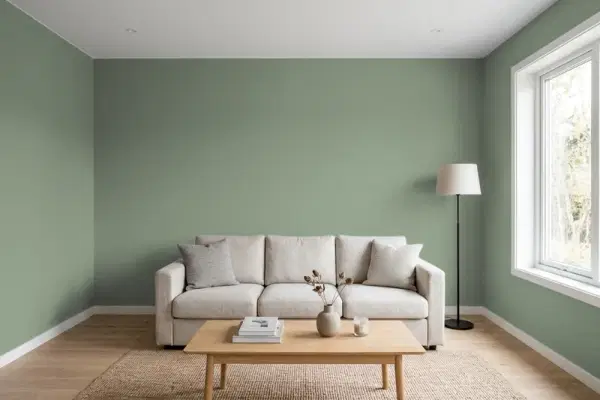 Living room with walls painted Behr Thai Basil N400-5 (simulated)