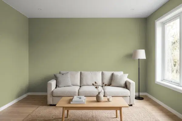 Living room with walls painted Benjamin Moore Thayer Green CSP-825 (simulated)