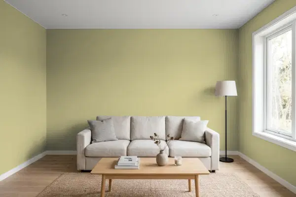 Living room with walls painted PPG Paints Thimbleberry Leaf 11-31 (simulated)