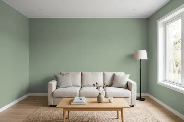 Living room with walls painted Behr Thistle QE-45 (simulated)