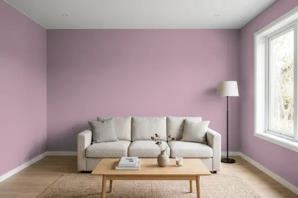 Living room with walls painted Sherwin-Williams Thistle SW 6283 (simulated)