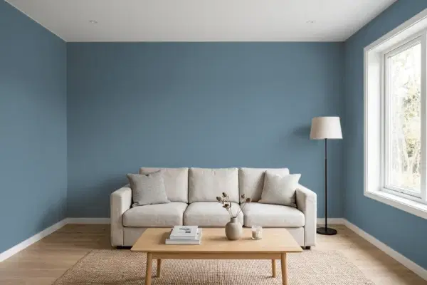 Living room with walls painted Benjamin Moore Thousand Oceans 1645 (simulated)