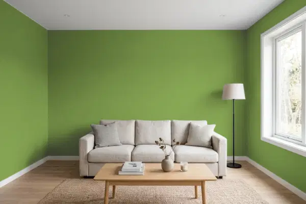 Living room with walls painted Behr Thyme Green 420D-6 (simulated)