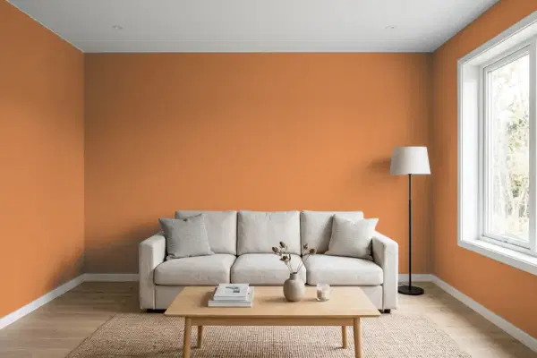 Living room with walls painted Sherwin-Williams Tigereye SW 6362 (simulated)
