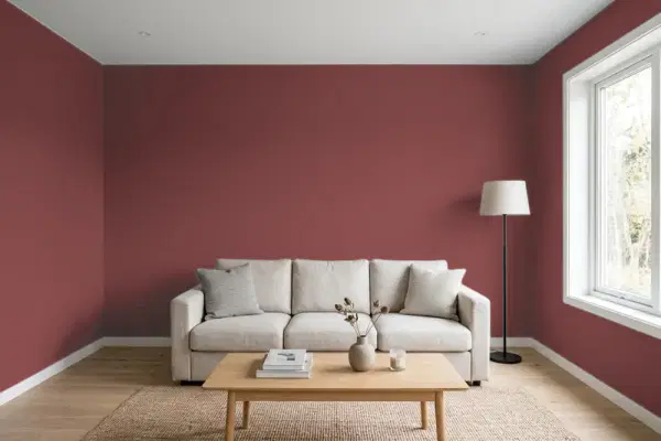 Living room with walls painted Behr Tile Red PPF-01 (simulated)
