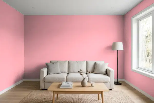 Living room with walls painted Valspar Timeless Rose 2001-4A (simulated)
