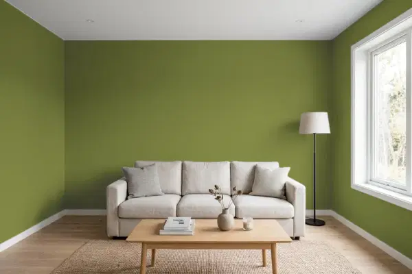 Living room with walls painted Benjamin Moore Timson Green CW-470 (simulated)
