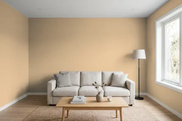 Living room with walls painted Behr Toasted Grain ICC-61 (simulated)