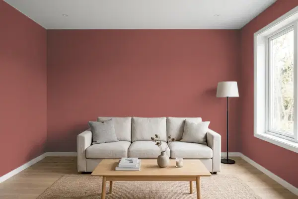 Living room with walls painted Sherwin-Williams Toile Red SW 0006 (simulated)