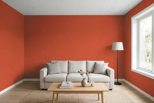 Living room with walls painted Benjamin Moore Tomato Galette 2171-10 (simulated)