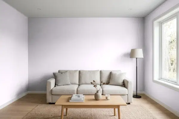 Living room with walls painted Benjamin Moore Touch of Gray 2116-60 (simulated)