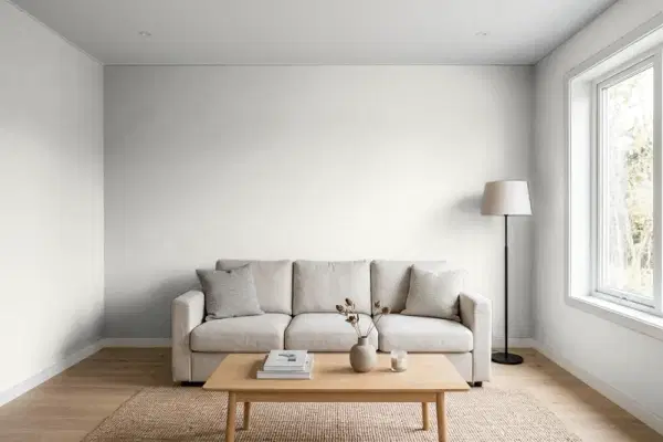 Living room with walls painted Sherwin-Williams Touch of Grey SW 9549 (simulated)