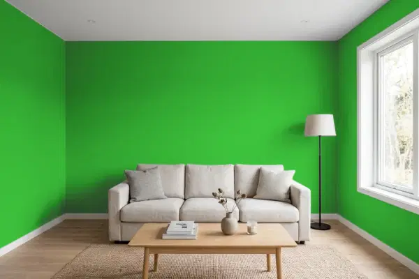 Living room with walls painted Benjamin Moore Traffic Light Green 2032-20 (simulated)