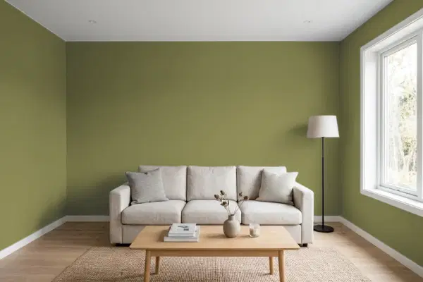 Living room with walls painted Behr Tree Hugger S340-7 (simulated)