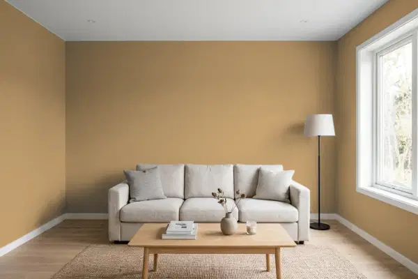 Living room with walls painted Behr Trinket Gold N290-6 (simulated)