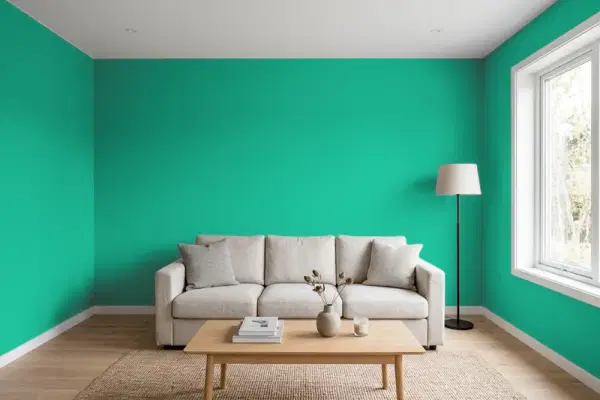 Living room with walls painted Valspar Tropical Rainforest 6002-10C (simulated)