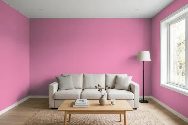 Living room with walls painted Benjamin Moore Tropical Rose 1355 (simulated)