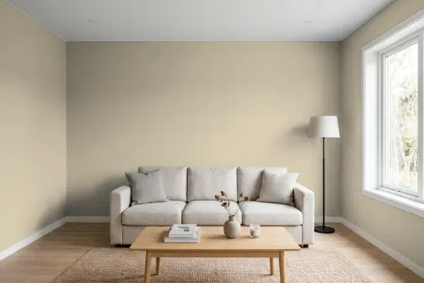 Living room with walls painted PPG Paints True Khaki 14-27 (simulated)