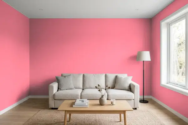 Living room with walls painted Benjamin Moore True Pink 2003-40 (simulated)