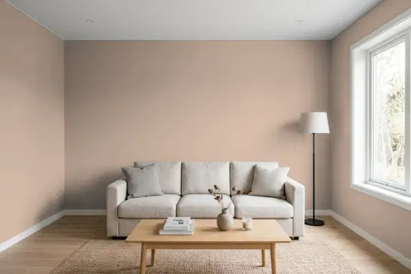 Living room with walls painted Sherwin-Williams Trusty Tan SW 6087 (simulated)