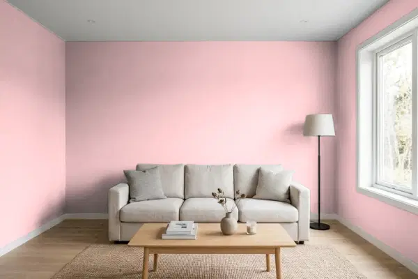 Living room with walls painted Valspar Tulip Petal 2001-4B (simulated)