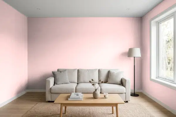 Living room with walls painted Valspar Tulip Pink 2001-6C (simulated)