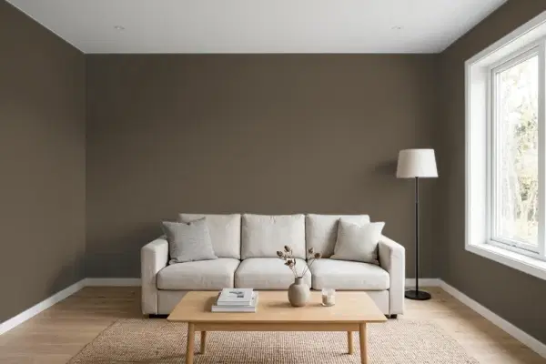 Living room with walls painted Sherwin-Williams Tungsten SW 9515 (simulated)