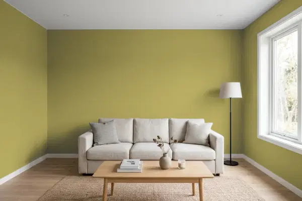 Living room with walls painted Sherwin-Williams Tupelo Tree SW 6417 (simulated)