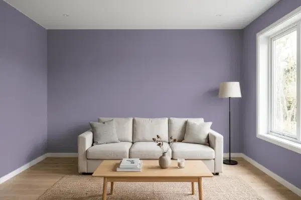 Living room with walls painted Valspar Turbid Amethyst 4002-4B (simulated)