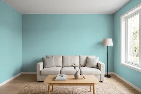 Living room with walls painted Valspar Turquoise Porcelain 5002-5C (simulated)