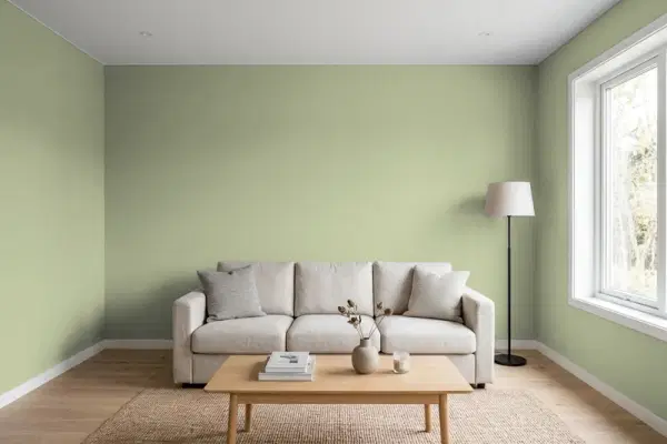Living room with walls painted Behr Turtle Green PPH-54 (simulated)