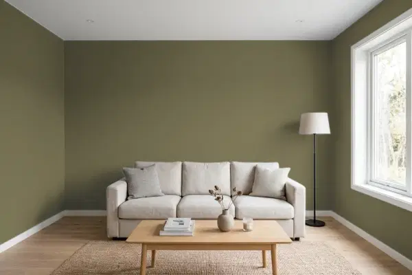 Living room with walls painted Benjamin Moore Turtle Green 2142-20 (simulated)